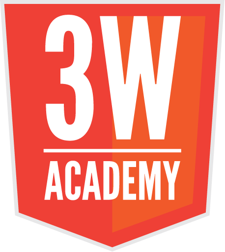 Texte "3W Academy" sur fond orange en forme de bouclier
