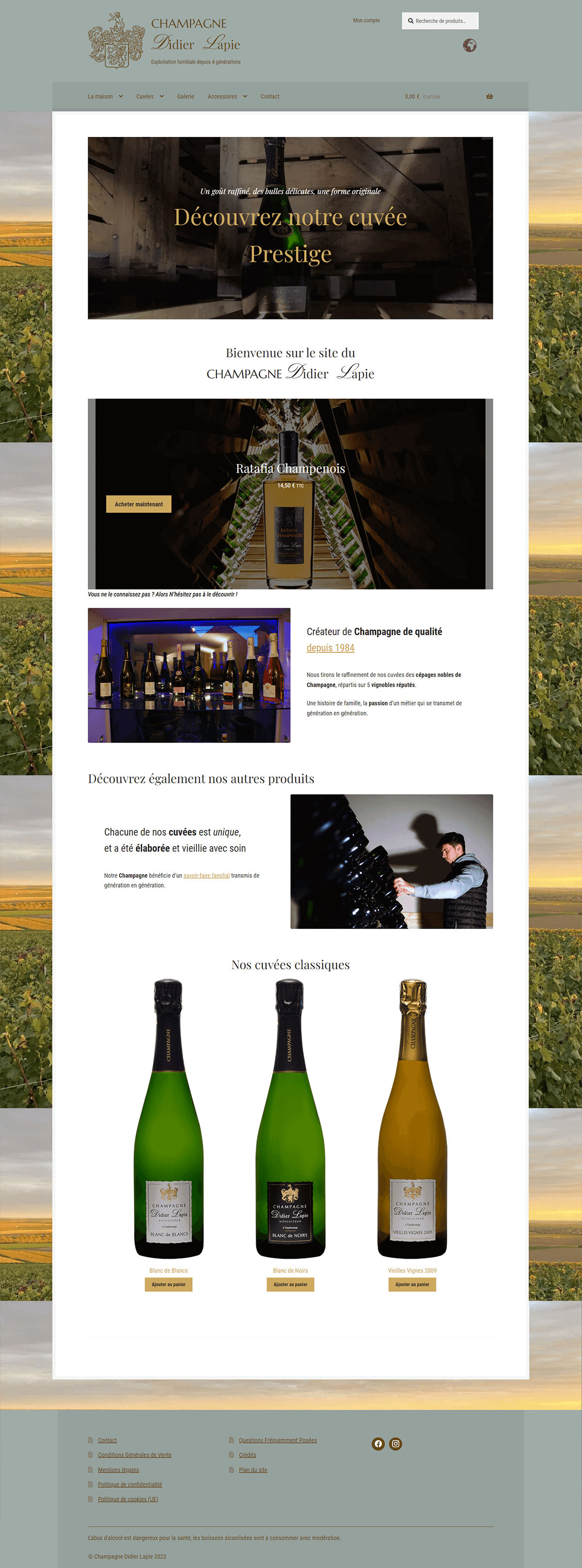 Capture d'écran du site Champagne Didier Lapie, encart vidéo "Découvrez notre cuvée Prestige", "Bienvenue sur le site du Champagne DL", encart produit "Ratafia Champenois", "Créateur de Champagne de qualité depuis 1984"