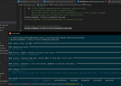 Capture d'écran avec aperçu du code et terminal ouvert avec un déroulé Ansible