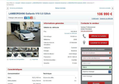 Capture d'écran du site 321 auto, page d'une seule annonce, avec photo, titre, prix, description, etc.