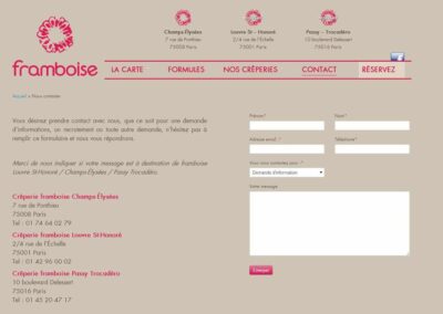 Capture d'écran du site CF, adresse des 3 magasins & formulaire de contact classique