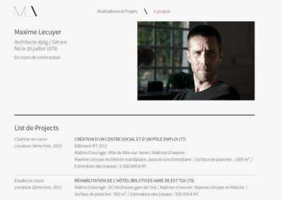 Capture d'écran du site ML Architecture, avec le profil et la liste des projets. Création d'un centre social et d'un pôle emploi
