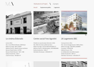 Capture d'écran du site ML Architecture, Réalisations, catégories Equipements publics et logements. Cinéma Eldorado, Centre social Yves Agostini, 26 Logements BBC