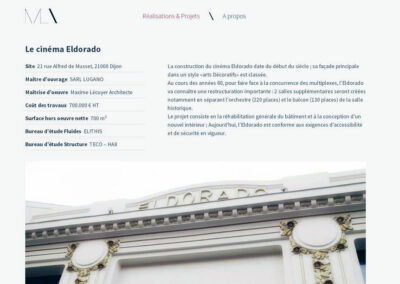 Capture d'écran du site ML Architecture, Cinéma Eldorado, avec toutes ses caractéristiques