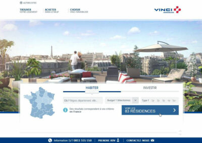 Capture d'écran du site Vinci Immobilier. Textes: Trouver, acheter, choisir, avec image et formulaire de recherche avancée