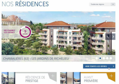 Capture d'écran du site Vinci Immobilier, carrousel avec photos, noms de lieux, jours restants