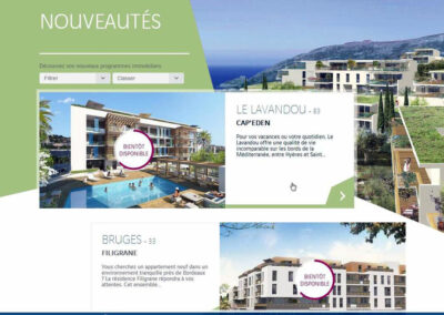 Capture d'écran du site Vinci Immobilier, thématiques, recherches par villes avec illustrations