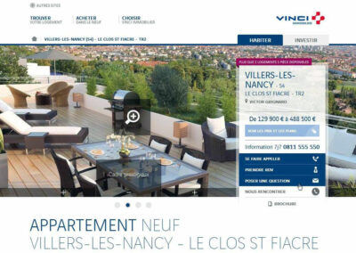 Capture d'écran du site Vinci Immobilier, page dédiée à un programme avec carrousel, noms, prix contacts, caractéristiques