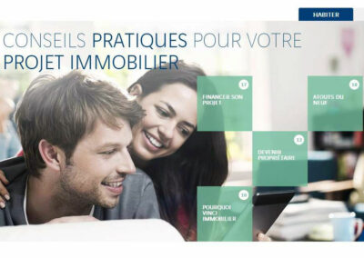 Capture d'écran du site Vinci Immobilier, Conseils pratiques pour votre projet immobilier. Textes: financer son projet, atouts du neuf, devenir propriétaire, pourquoi vinci immobilier