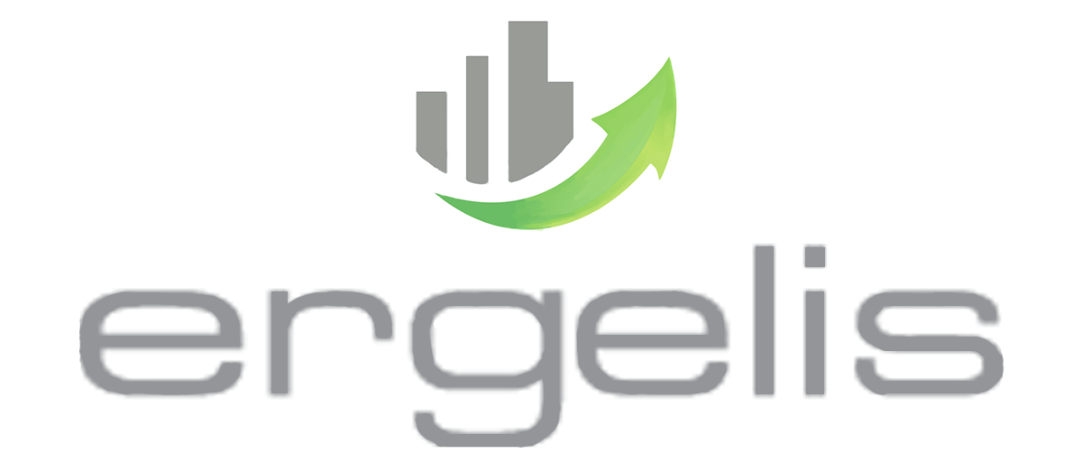Ergelis Logo : 3 blocs gris batiment, une flèche verte qui va vers le haut