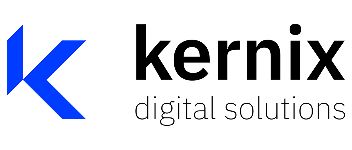 Logo Kernix, textes: "digital solutions", "K" stylisé bleu sur fond blanc