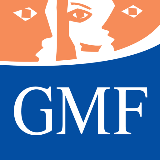 Logo de la GMF, 3 visages stylisés en orange, en dessous "GMF" écrit en blanc sur fond bleu