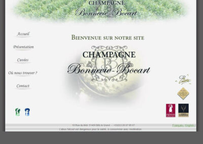 Capture d'écran du site Champagne bonnevie bocart. Vignes et coupe de Champagne. Menu: Accueil, présentation, cuvées, ou nous trouver ?, contact