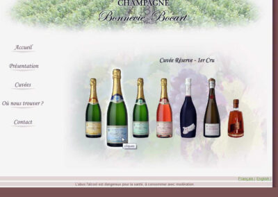 Capture d'écran du site Champagne bonnevie bocart. Présentation de l'ensemble des bouteilles