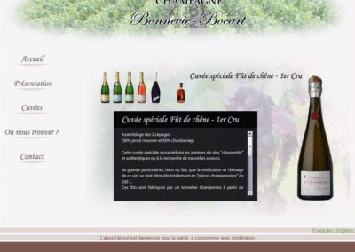 Capture d'écran du site Champagne bonnevie bocart. Mise en avant d'une bouteille: cuvée spéciale fût de chêne 1er cru