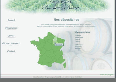Capture d'écran du site Champagne bonnevie bocart. Carte de france avec les différents dépôts de Champagne