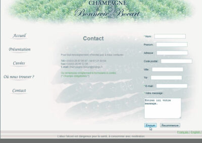 Capture d'écran du site Champagne bonnevie bocart. Formulaire de contact traditionnel
