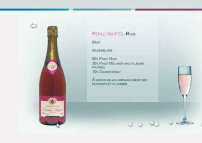Capture d'écran du site Champagne Didier Lapie. Photographie de la bouteille. Textes: Perle fruitée, rosé. Brut. Assemblages et autres détails techniques