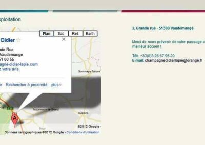 Capture d'écran du site Champagne Didier Lapie. Carte interactive, adresse postale, téléphone, adresse email