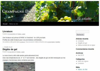 Capture d'écran du blog Champagne Didier Lapie, avec 2 articles "Livraison" et "Dégats de gel"