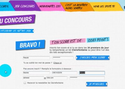 Capture d'écran du site Clairefontaine, formulaire d'inscription avec le rappel des scores