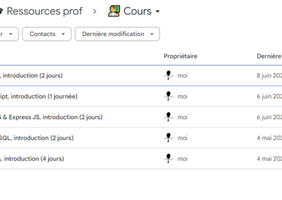 Capture d'écran des cours créés, plusieurs dossiers drive: Angular, Javascript, NodeJs, PHP & SQL, ReactJS