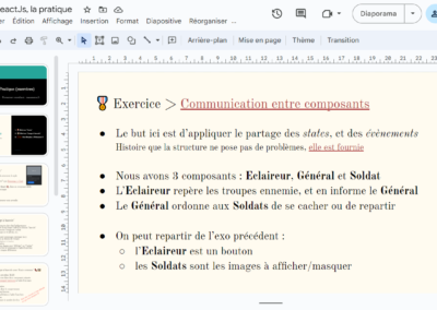 Capture d'écran d'un exercice React JS "Communication entre composants", instructions écrites
