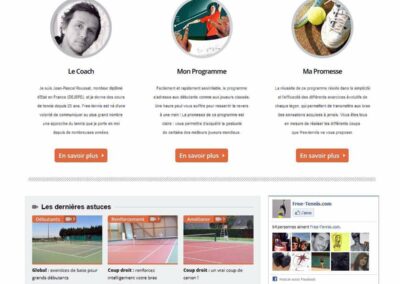 Capture d'écran du site free-tennis.com. Textes: Le coach, mon programme, ma promesse. Les dernières astuces