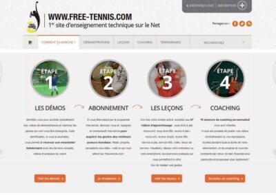 Capture d'écran du site free-tennis.com. Textes: Les démos, abonnement, les leçons, coaching