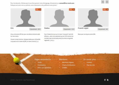 Capture d'écran du site free-tennis.com. Textes: Témoignages, pages secondaires, mentions, en savoir plus