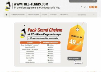 Capture d'écran du site free-tennis.com. Textes: Pacj grand chelem, 97 vidéos d'apprentissage + 10 séances de coaching personnalisé. 49€90 valable 1 an