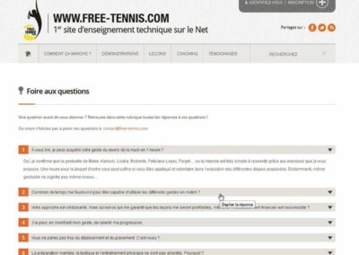 Capture d'écran du site free-tennis.com. Textes: Foire aux questions + énormément de questions réponses à propos du site, des cours, etc.
