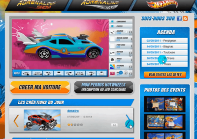 Capture d'écran du site Hotwheels Adrenaline. Aperçu de l'éditeur de voitures, et premières entrées du concours. Menu: Adrenaline show, Adrenaline style, Hotwheels. Créer ma voiture, mon permis hotwheels