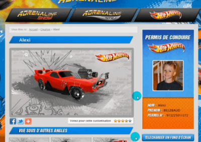 Capture d'écran du site Hotwheels Adrenaline. Fiche voiture avec illustrations et profil d'un enfant