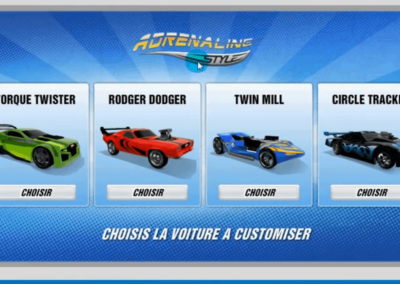 Capture d'écran du site Hotwheels Adrenaline. Choix parmis 4 carrosseries. Torque twister, Rodger dodger, Twin mill, Circle tracker