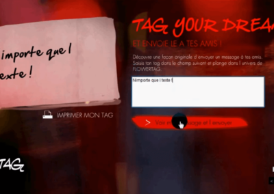 Capture d'écran du site Kenzo Flower TAG. "Tag your dreams" avec formulaire de saisie de texte en vue de l'incruster dans une vidéo
