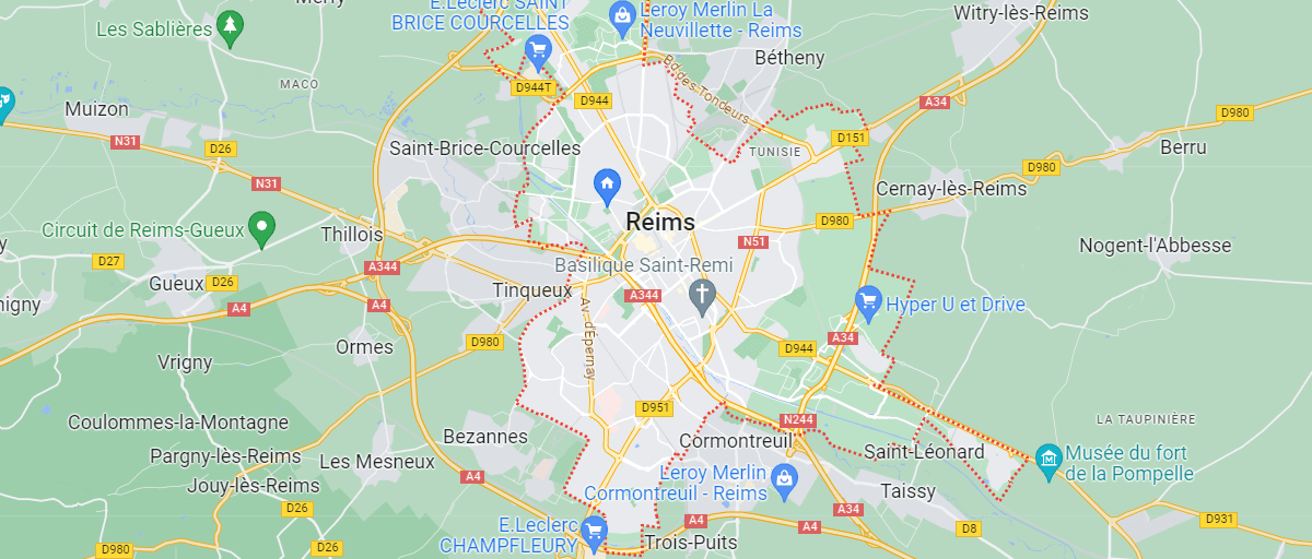 Une carte (non) interactive représentant Reims, situé dans la Marne, en Champagne - Ardennes, Grand Est