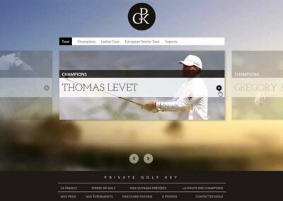 Capture d'écran du site Private Golf Key. Liste triable de professionnels sous forme de carrousel. Textes: Champions, Thomas Levet. Tris: Tout, Champions, Ladies tour, European senior tour, Experts