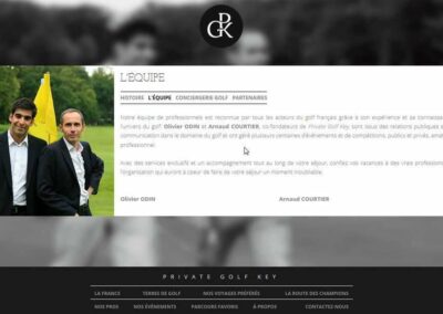 Capture d'écran du site Private Golf Key. Photographie des deux fondateurs "Olivier ODIN" et "Arnaud Courtier". Pas mal de textes relatifs à eux ainsi qu'à la société