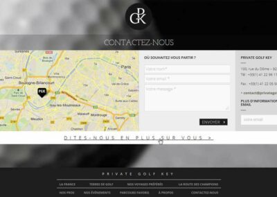 Capture d'écran du site Private Golf Key. "Contactez nous". Carte interactive, formulaire de contact, informations de la société (adresse postale, téléphone, etc.)