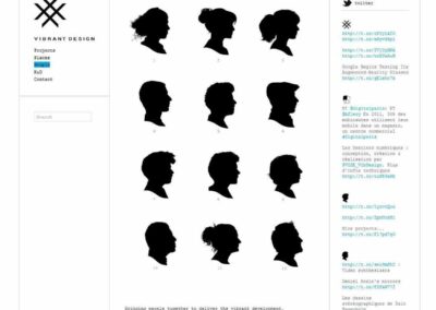 Capture d'écran du site Vibrant Design. Toutes les silouhettes de l'équipe avec accès aux profils. Textes: Bringing people together to deliver the vibrant developpement