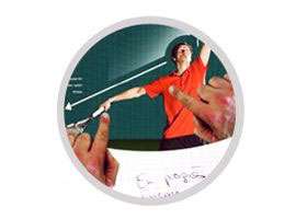 Joueur de tennis qui s'apprête à servir, avec un décor de tableau de classe et des indications géométriques (cours)